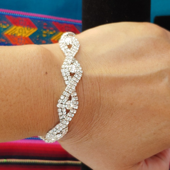 Women's Silver Tone Rhinestone Crystal Formal Bracelet Adjustable - Picture 7 of 13